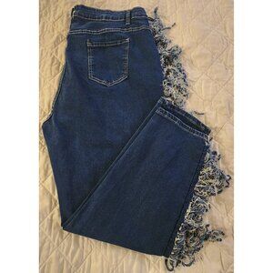 TEMU DEEP BLUE FRINGE SKINNY STRETCH JEANS WITH WHITE CONTRAST STITCHING